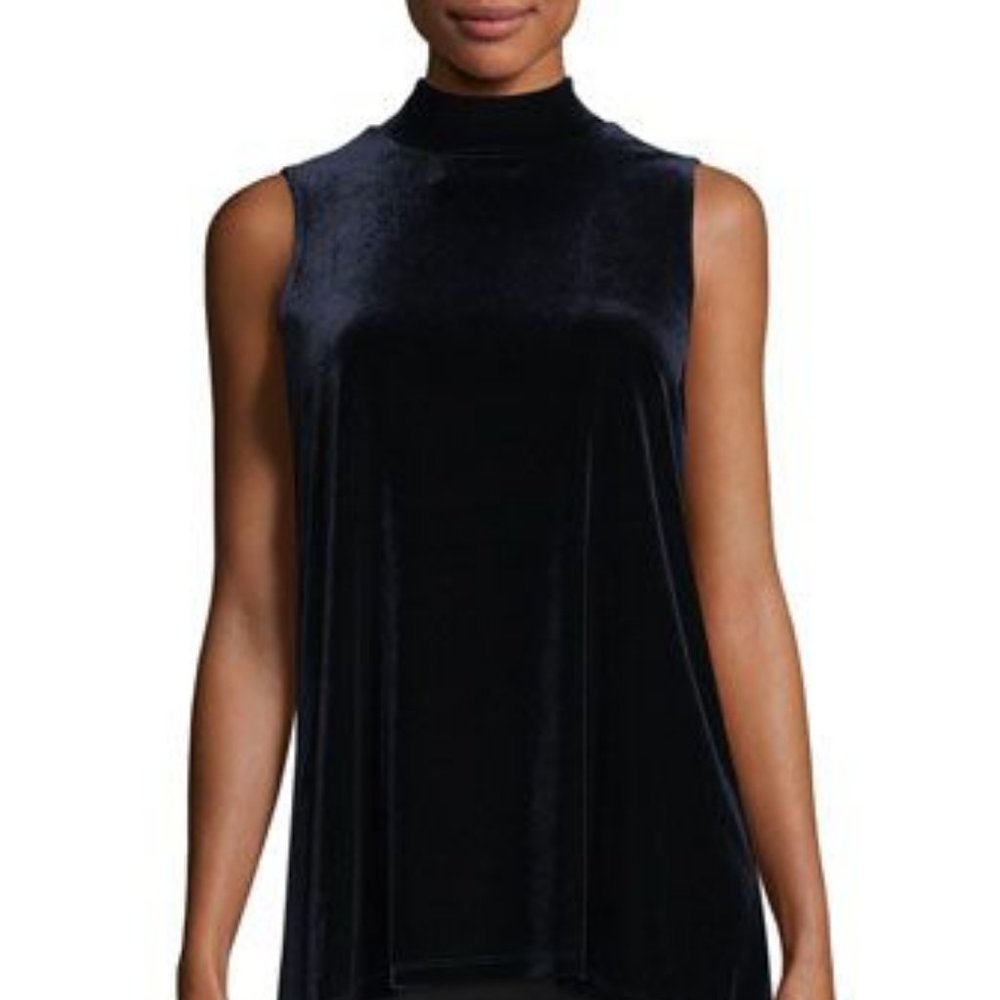 Tahari Women’s M Murray Sleeveless Velvet Blue Top Mock turtleneck High Low New